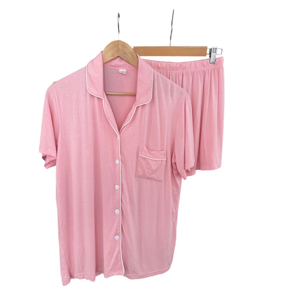 Women's Pink Pajama Lounge Set Medium Soft Button Front Sleepwear Shorts